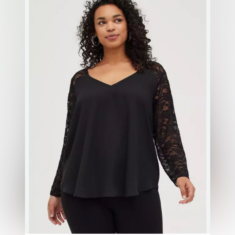 torrid Black V-Neck Blouse with Lace Sleeves